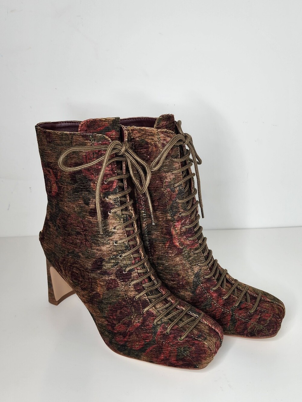 Sam Edelman Kendra Block Heel Brown Multi Floral Lace-Up Ankle Booties Size 6.5